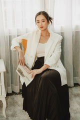 Double-Breasted Silk Blazer with Notched Lapel and Tailored Longline Silhouette