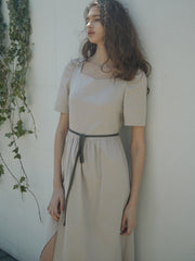 Linen Square Neck Midi Dress with Puff Sleeves and Waist Tie