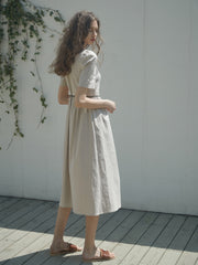 Linen Square Neck Midi Dress with Puff Sleeves and Waist Tie