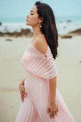 Organza off-shoulder pleated midi dress with elastic waist and flowing silhouette for elegant styling