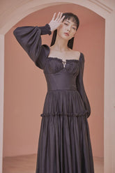 Julia Sweetheart Neck Long Bishop Sleeve Open Back Tiered Maxi Dress