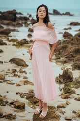 Organza off-shoulder pleated midi dress with elastic waist and flowing silhouette for elegant styling