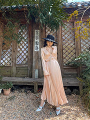 Silk Pleated Midi Skirt with High Waist and Flowing A-Line Silhouette for Elegant Styling