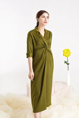 Silk Twill Knot-Front Midi Dress with Lapel Collar and 3/4 Sleeves
