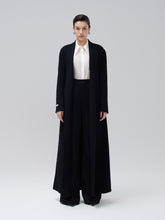 Wool long coat with open front design and self-tie waist for tailored winter layering