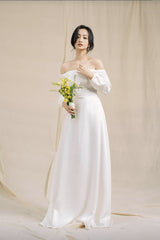 Off-Shoulder Silk Dress with Long Sleeves and Flared Hem for Elegant Formal Occasions