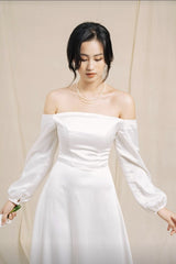 Off-Shoulder Silk Dress with Long Sleeves and Flared Hem for Elegant Formal Occasions