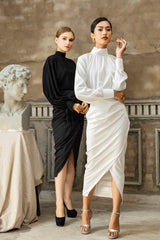 Draped silk midi skirt with ruched side detail and high slit for refined elegance