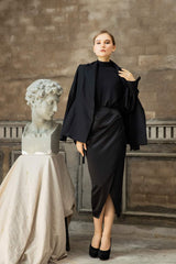 Draped silk midi skirt with ruched side detail and high slit for refined elegance