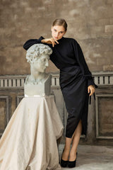 Draped silk midi skirt with ruched side detail and high slit for refined elegance