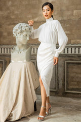 Draped silk midi skirt with ruched side detail and high slit for refined elegance