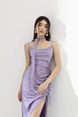 Silk midi dress with asymmetric draping, ruched side slit, and scarf neck detail