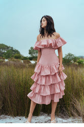 Romantic Off-Shoulder Linen Dress with Tiered Ruffle Skirt and Fitted Bodice