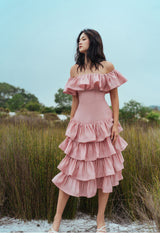 Romantic Off-Shoulder Linen Dress with Tiered Ruffle Skirt and Fitted Bodice