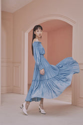 Christina Off Shoulder Long Bishop Sleeves Shirred Tiered Maxi Dress