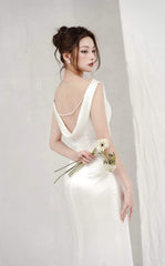 Elegant Satin Cowl Neck Midi Dress with Pearl Detail