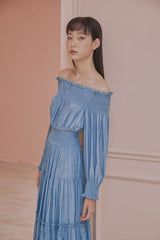 Christina Off Shoulder Long Bishop Sleeves Shirred Tiered Maxi Dress