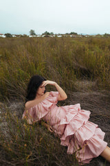 Romantic Off-Shoulder Linen Dress with Tiered Ruffle Skirt and Fitted Bodice