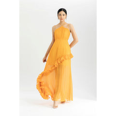 Silk Organza Pleated Maxi Dress with Cross-Strap Neckline and Asymmetrical Ruffle Detail
