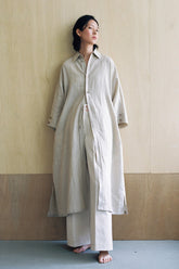 Linen Longline Jacket with Button-Back Detail and Relaxed Drop-Shoulder Silhouette