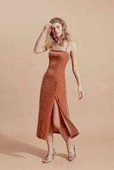 Velvet spaghetti strap midi dress with front slit and figure-enhancing tailored fit