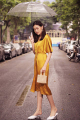 Silk Midi Dress with Kimono Sleeves and Tie Waist Detail