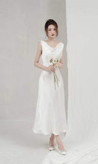 Elegant Satin Cowl Neck Midi Dress with Pearl Detail