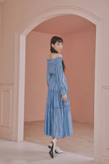 Christina Off Shoulder Long Bishop Sleeves Shirred Tiered Maxi Dress