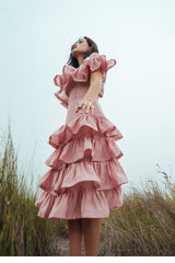 Romantic Off-Shoulder Linen Dress with Tiered Ruffle Skirt and Fitted Bodice