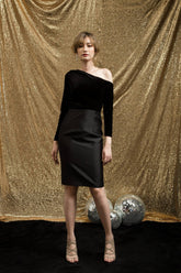 Velvet pencil skirt with tailored silhouette and satin contrast for elevated evening dressing
