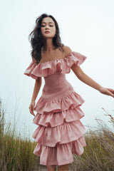 Romantic Off-Shoulder Linen Dress with Tiered Ruffle Skirt and Fitted Bodice