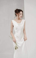 Elegant Satin Cowl Neck Midi Dress with Pearl Detail