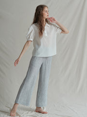 Short Sleeve Linen Shirt with Puff Sleeves and Textured Weave for Elegant Summer Styling
