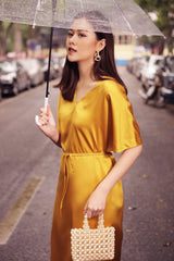 Silk Midi Dress with Kimono Sleeves and Tie Waist Detail