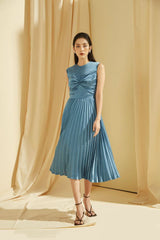 Silk Midi Dress with Twisted Bodice and Pleated Skirt for a Sculpted, Flowing Silhouette