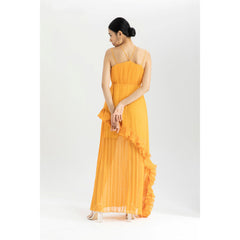 Silk Organza Pleated Maxi Dress with Cross-Strap Neckline and Asymmetrical Ruffle Detail