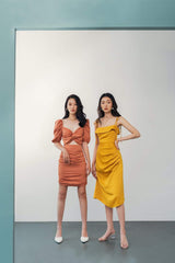 Silk Midi Dress with Draped Cowl Detail and Adjustable Shoulder Ties