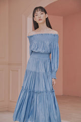 Christina Off Shoulder Long Bishop Sleeves Shirred Tiered Maxi Dress