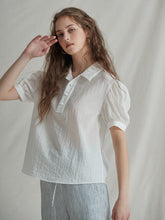 Short Sleeve Linen Shirt with Puff Sleeves and Textured Weave for Elegant Summer Styling