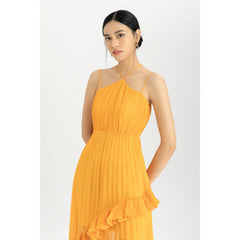 Silk Organza Pleated Maxi Dress with Cross-Strap Neckline and Asymmetrical Ruffle Detail