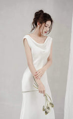 Elegant Satin Cowl Neck Midi Dress with Pearl Detail