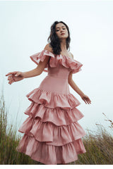 Romantic Off-Shoulder Linen Dress with Tiered Ruffle Skirt and Fitted Bodice