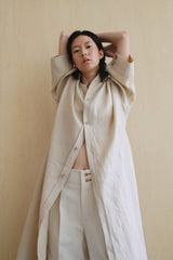 Linen Longline Jacket with Button-Back Detail and Relaxed Drop-Shoulder Silhouette