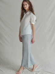 Short Sleeve Linen Shirt with Puff Sleeves and Textured Weave for Elegant Summer Styling