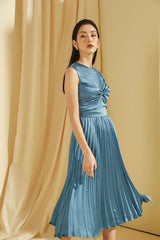 Silk Midi Dress with Twisted Bodice and Pleated Skirt for a Sculpted, Flowing Silhouette