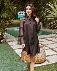 Silk A-Line Mini Dress with Sheer Ruffled Sleeves