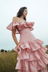 Romantic Off-Shoulder Linen Dress with Tiered Ruffle Skirt and Fitted Bodice