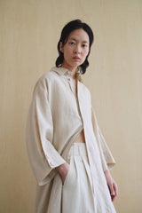 Linen Longline Jacket with Button-Back Detail and Relaxed Drop-Shoulder Silhouette
