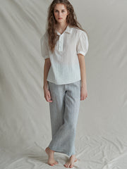 Short Sleeve Linen Shirt with Puff Sleeves and Textured Weave for Elegant Summer Styling