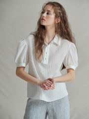 Short Sleeve Linen Shirt with Puff Sleeves and Textured Weave for Elegant Summer Styling